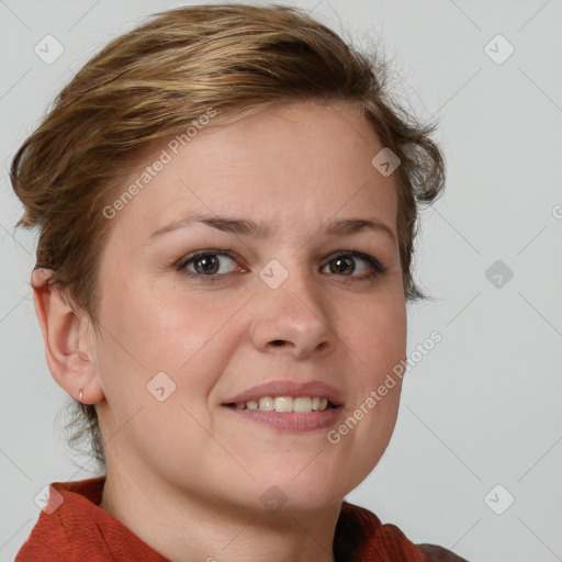 Joyful white young-adult female with medium  brown hair and blue eyes