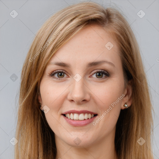 Joyful white young-adult female with long  brown hair and brown eyes