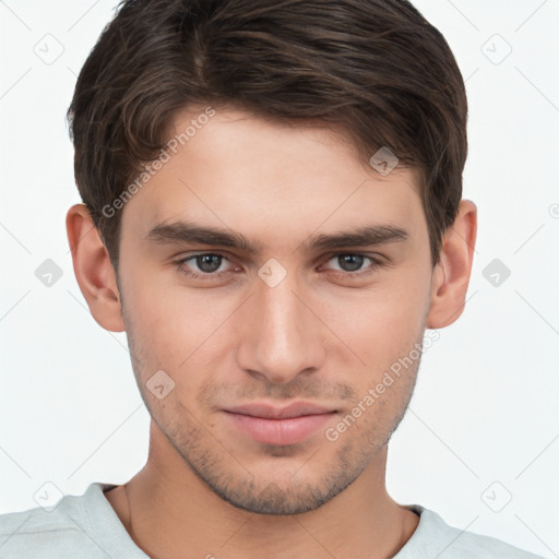 Neutral white young-adult male with short  brown hair and brown eyes