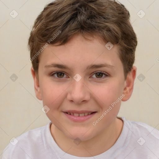 Joyful white child female with short  brown hair and brown eyes