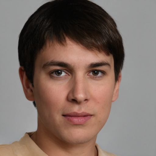 Neutral white young-adult male with short  brown hair and grey eyes