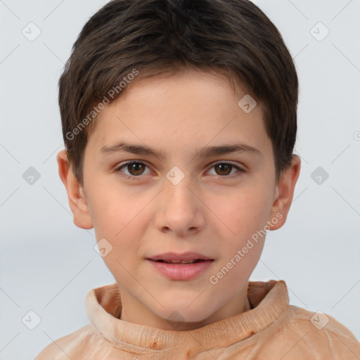 Joyful white child female with short  brown hair and brown eyes