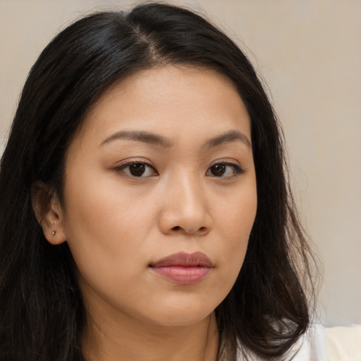Neutral asian young-adult female with long  brown hair and brown eyes