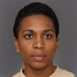 Neutral black young-adult female with short  brown hair and brown eyes