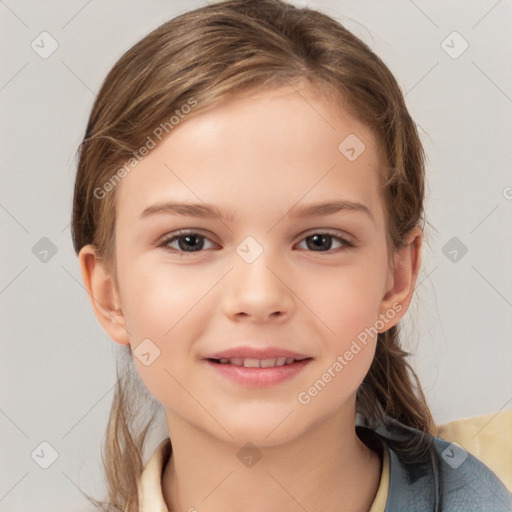 Joyful white child female with medium  brown hair and brown eyes