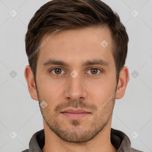 Neutral white young-adult male with short  brown hair and brown eyes