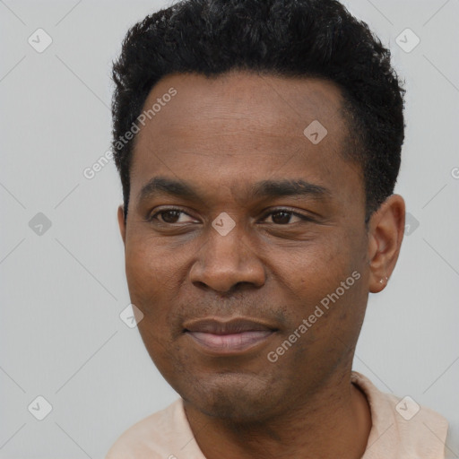 Joyful black young-adult male with short  black hair and brown eyes