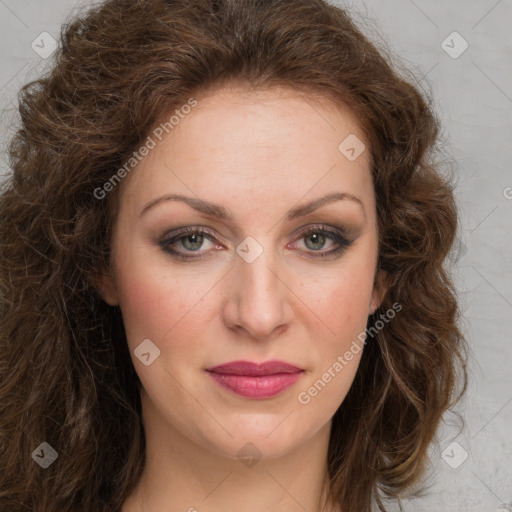 Joyful white young-adult female with long  brown hair and green eyes