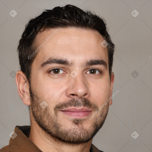 Neutral white young-adult male with short  brown hair and brown eyes