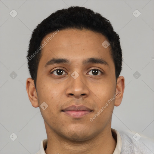 Neutral latino young-adult male with short  black hair and brown eyes