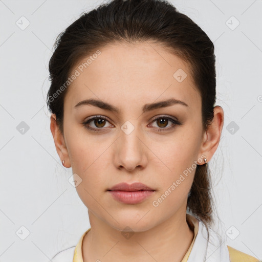 Neutral white young-adult female with medium  brown hair and brown eyes