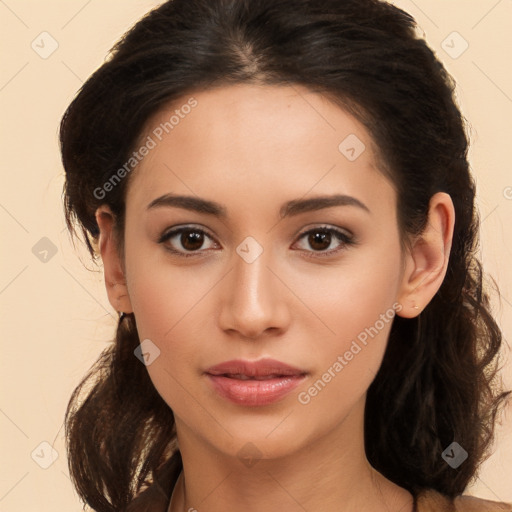 Neutral white young-adult female with long  brown hair and brown eyes