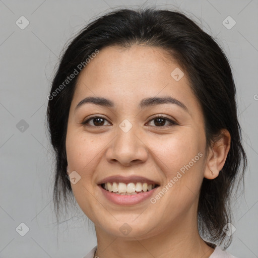 Joyful asian young-adult female with medium  brown hair and brown eyes