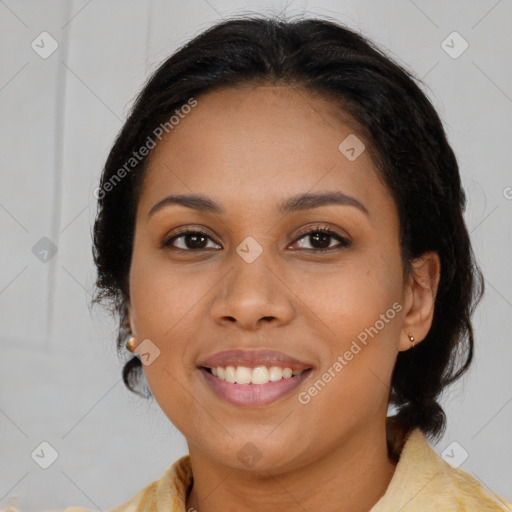 Joyful latino young-adult female with medium  brown hair and brown eyes