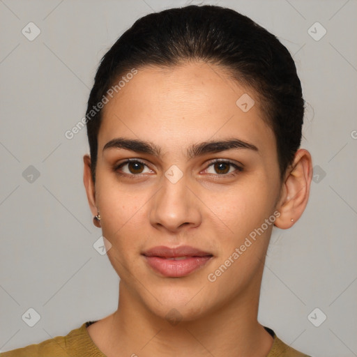 Joyful white young-adult female with short  brown hair and brown eyes