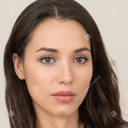 Neutral white young-adult female with long  brown hair and brown eyes