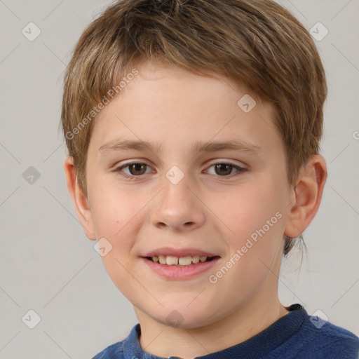 Joyful white child male with short  brown hair and brown eyes