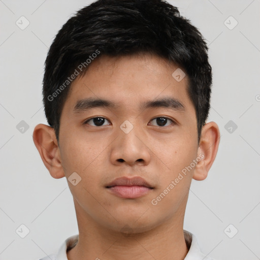 Neutral asian young-adult male with short  brown hair and brown eyes