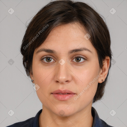 Neutral white young-adult female with medium  brown hair and brown eyes