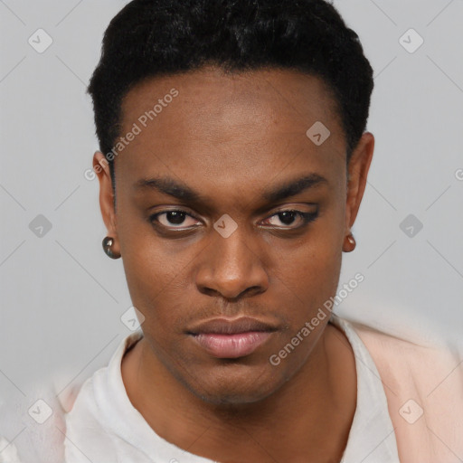 Neutral black young-adult male with short  black hair and brown eyes
