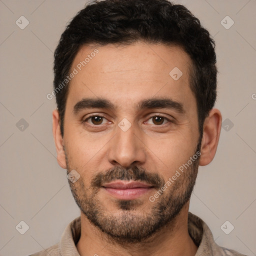 Neutral white young-adult male with short  black hair and brown eyes