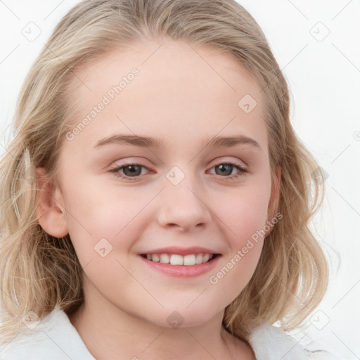 Joyful white child female with medium  brown hair and blue eyes