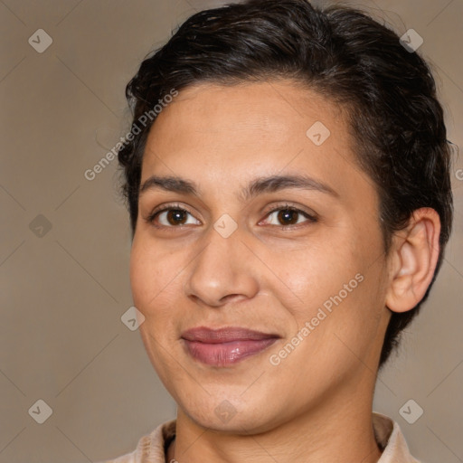 Joyful white young-adult female with medium  brown hair and brown eyes