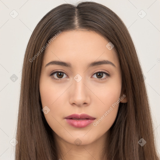 Neutral white young-adult female with long  brown hair and brown eyes