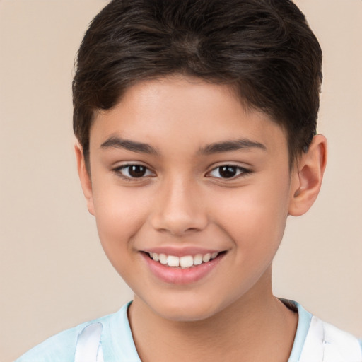 Joyful white child female with short  brown hair and brown eyes