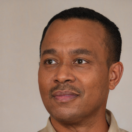 Neutral black adult male with short  brown hair and brown eyes