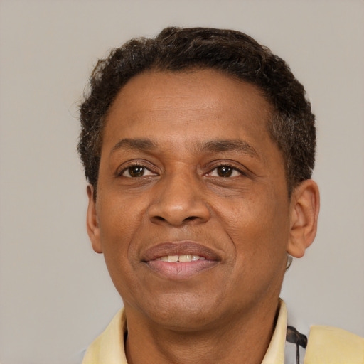 Joyful black adult male with short  brown hair and brown eyes