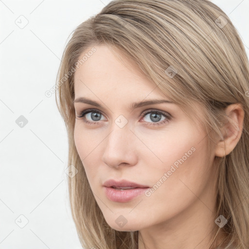 Neutral white young-adult female with long  brown hair and grey eyes