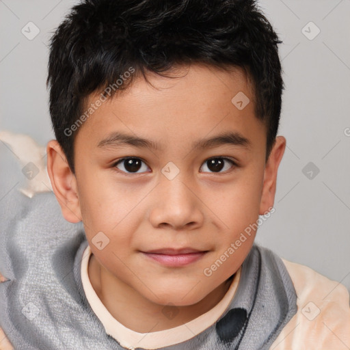 Joyful white child male with short  brown hair and brown eyes