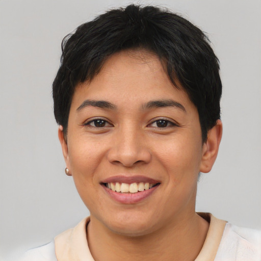 Joyful asian young-adult female with short  brown hair and brown eyes