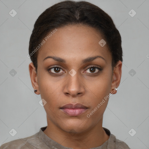 Neutral black young-adult female with short  brown hair and brown eyes