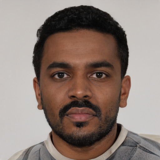 Neutral black young-adult male with short  black hair and brown eyes