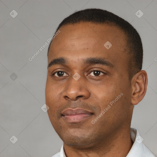 Neutral black young-adult male with short  black hair and brown eyes