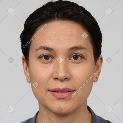 Joyful white adult female with short  brown hair and brown eyes