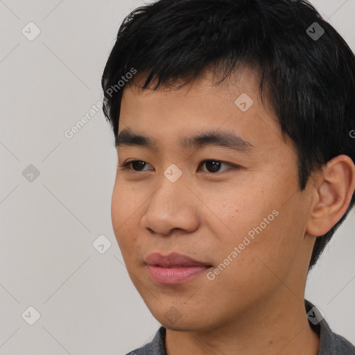 Neutral asian young-adult male with short  black hair and brown eyes