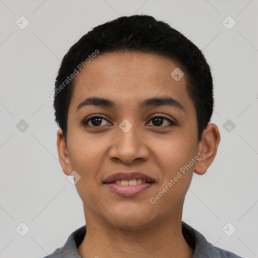 Joyful latino young-adult female with short  black hair and brown eyes