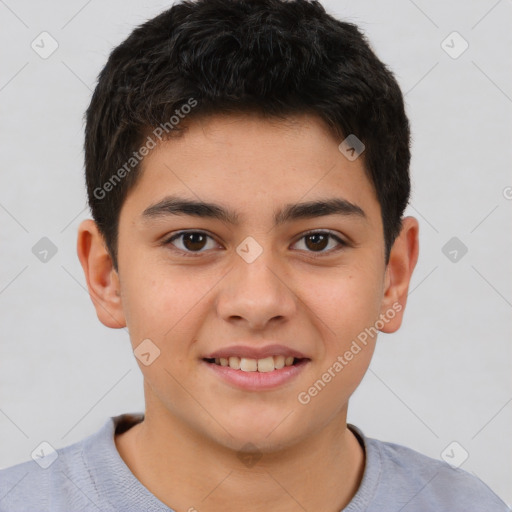 Joyful white child male with short  brown hair and brown eyes