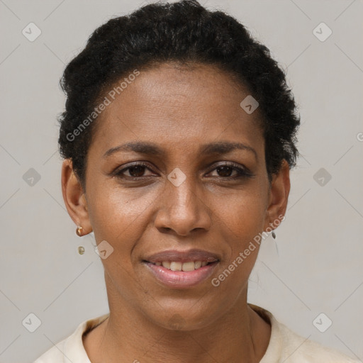 Joyful latino adult female with short  brown hair and brown eyes