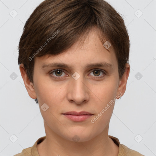 Joyful white young-adult female with short  brown hair and grey eyes