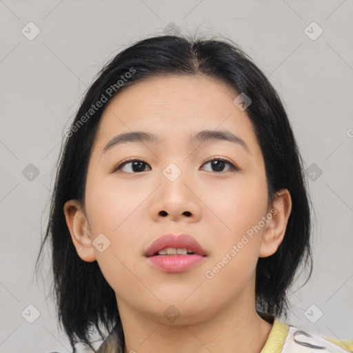 Neutral asian young-adult female with medium  brown hair and brown eyes