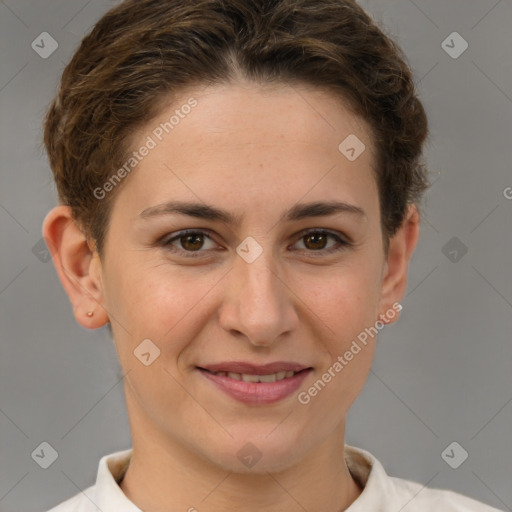 Joyful white young-adult female with short  brown hair and brown eyes