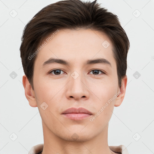 Neutral white young-adult male with short  brown hair and brown eyes