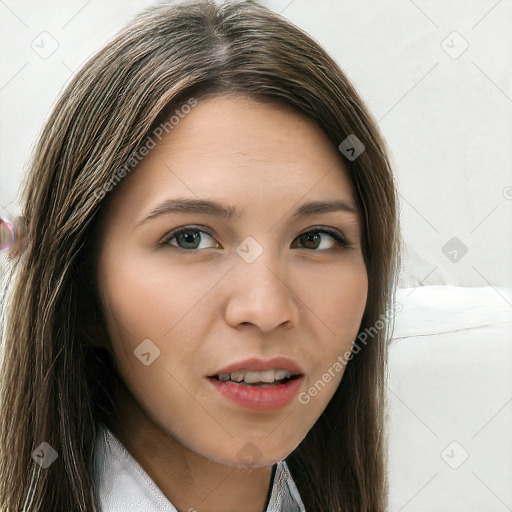 Joyful white young-adult female with long  brown hair and green eyes