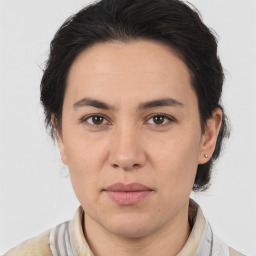 Joyful white adult female with medium  brown hair and brown eyes