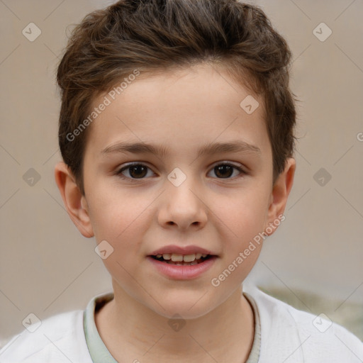 Joyful white child male with short  brown hair and brown eyes