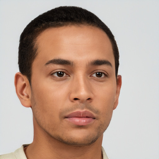 Neutral latino young-adult male with short  brown hair and brown eyes